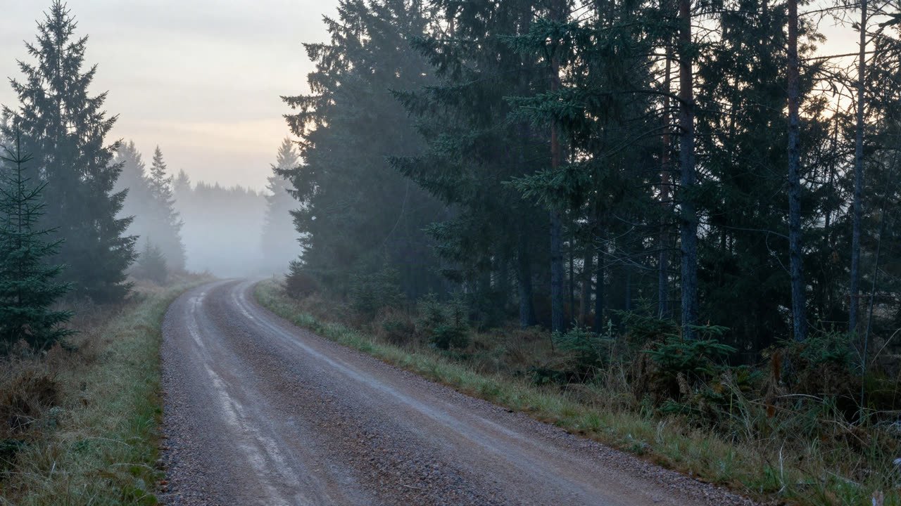 Smal grusväg genom svensk granskog en dimmig tidig morgon.