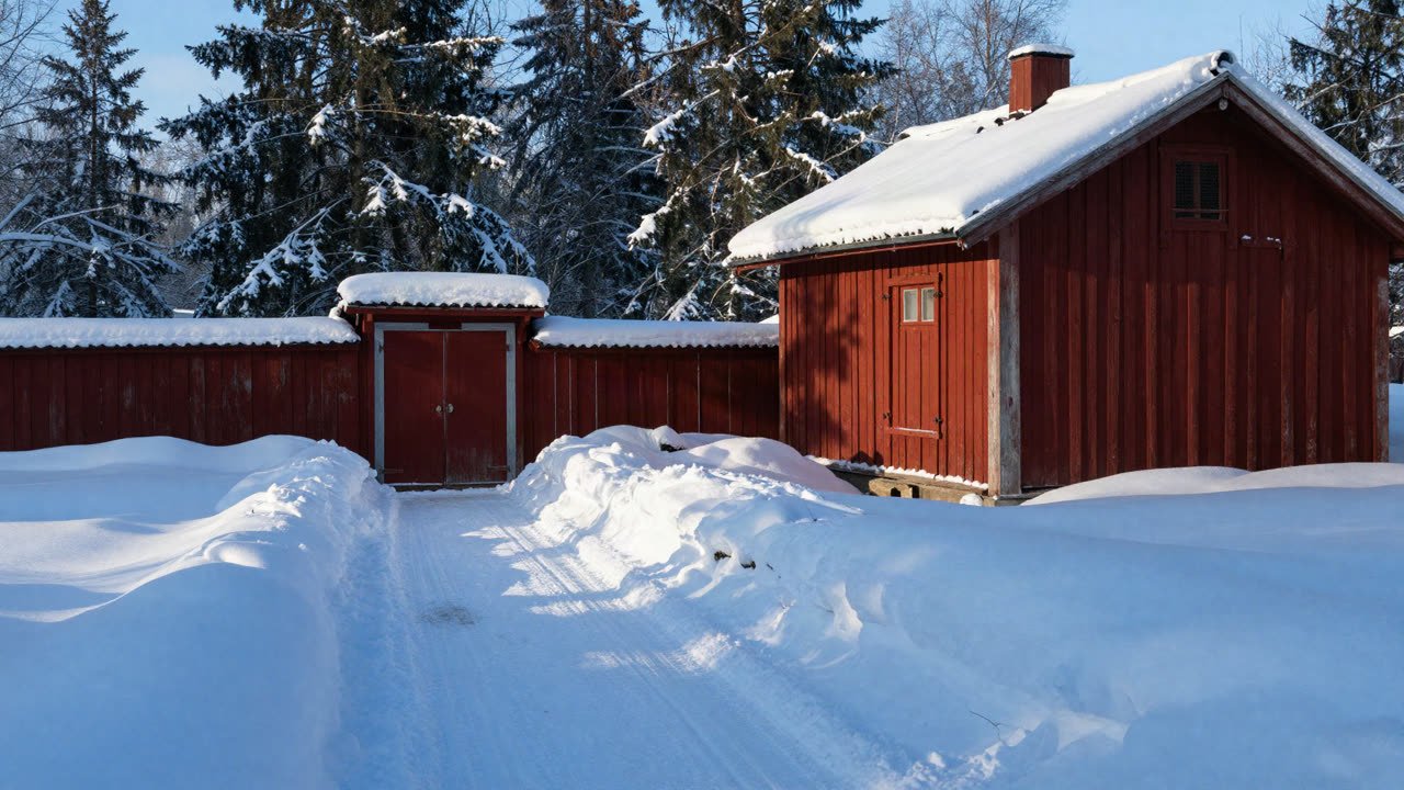 Snötäckt gårdsplan med en nyskottad gång fram till dörren och höga snövallar.